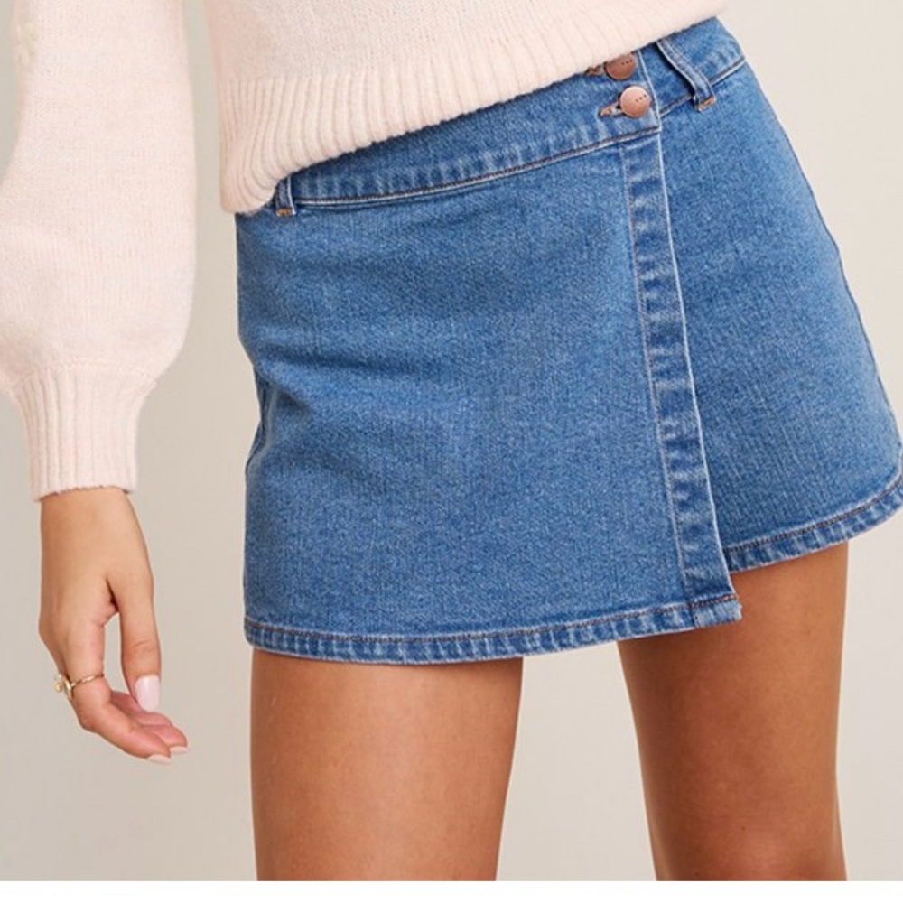 Francesca's Collections Blue Denim Wrap Mini Skirt